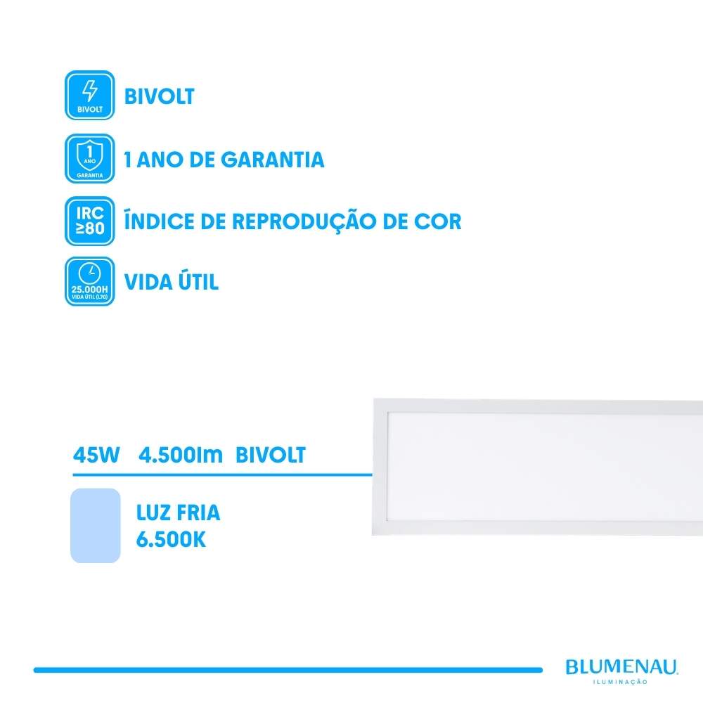 Painel LED Backlight 45W Embutir Retangular Bivolt 6.500K - Branco